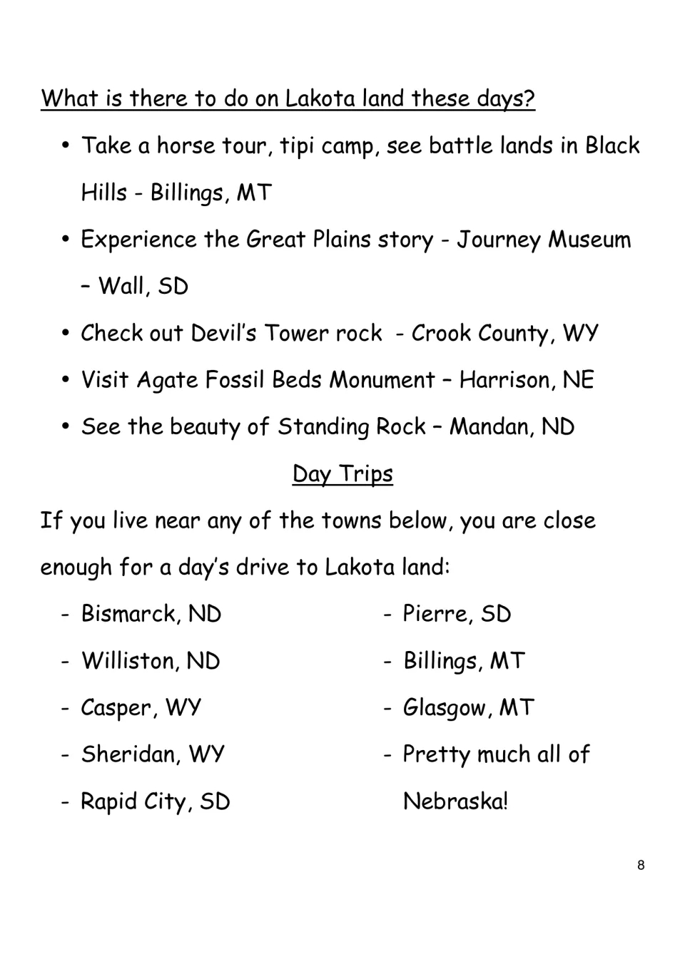 Travel supplement lists five Lakota land visitor suggestions and places described as within a day’s drive