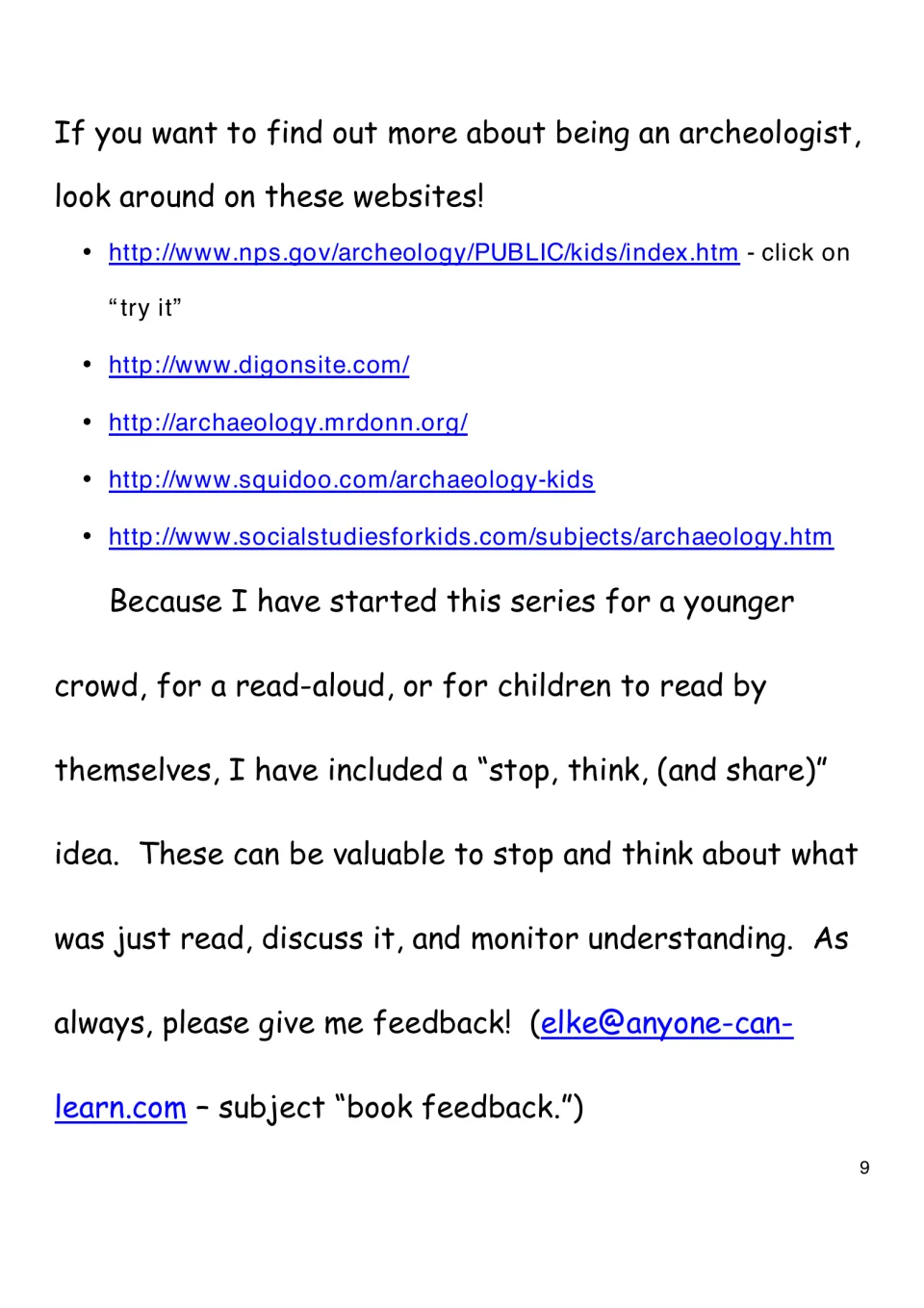 Closing supplement lists five archaeology websites and explains the book’s stop, think, and share prompts