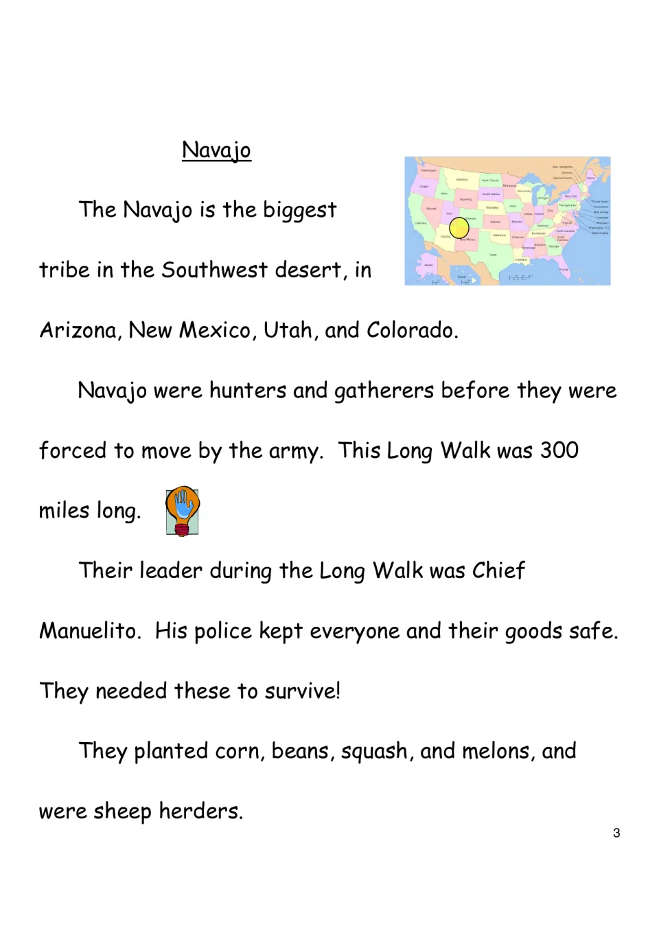 Opening Navajo reading covers the Southwest, the Long Walk, Chief Manuelito, crops, and sheep herding