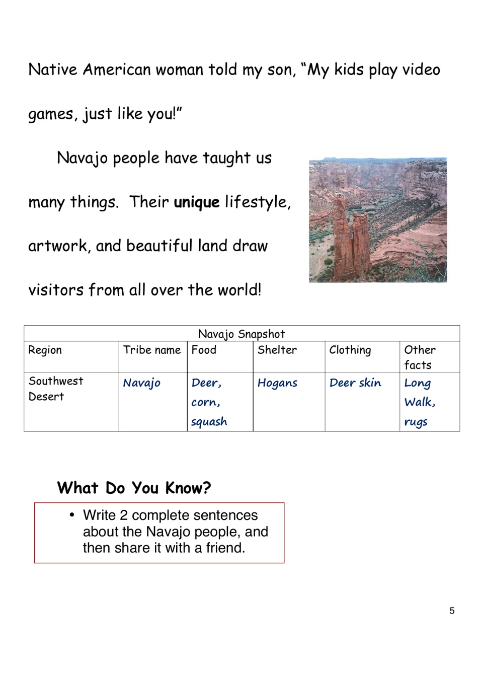 Closing Navajo reading includes a snapshot of food, shelter, and clothing plus a two-sentence writing prompt