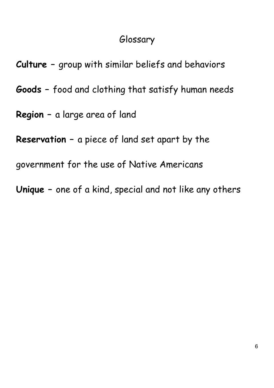 Glossary for the Navajo eBook defines culture, goods, region, reservation, and unique for readers