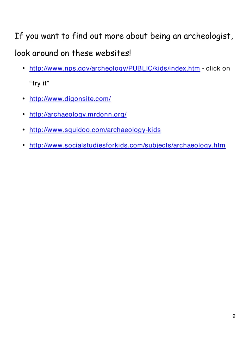 Further-learning page lists five archaeology websites, including a National Park Service resource for kids