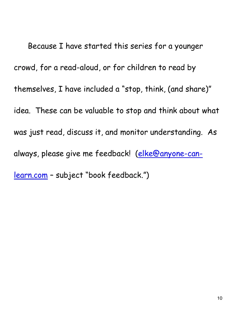 Author's note explains the stop, think, and share idea for read-alouds or independent reading by children
