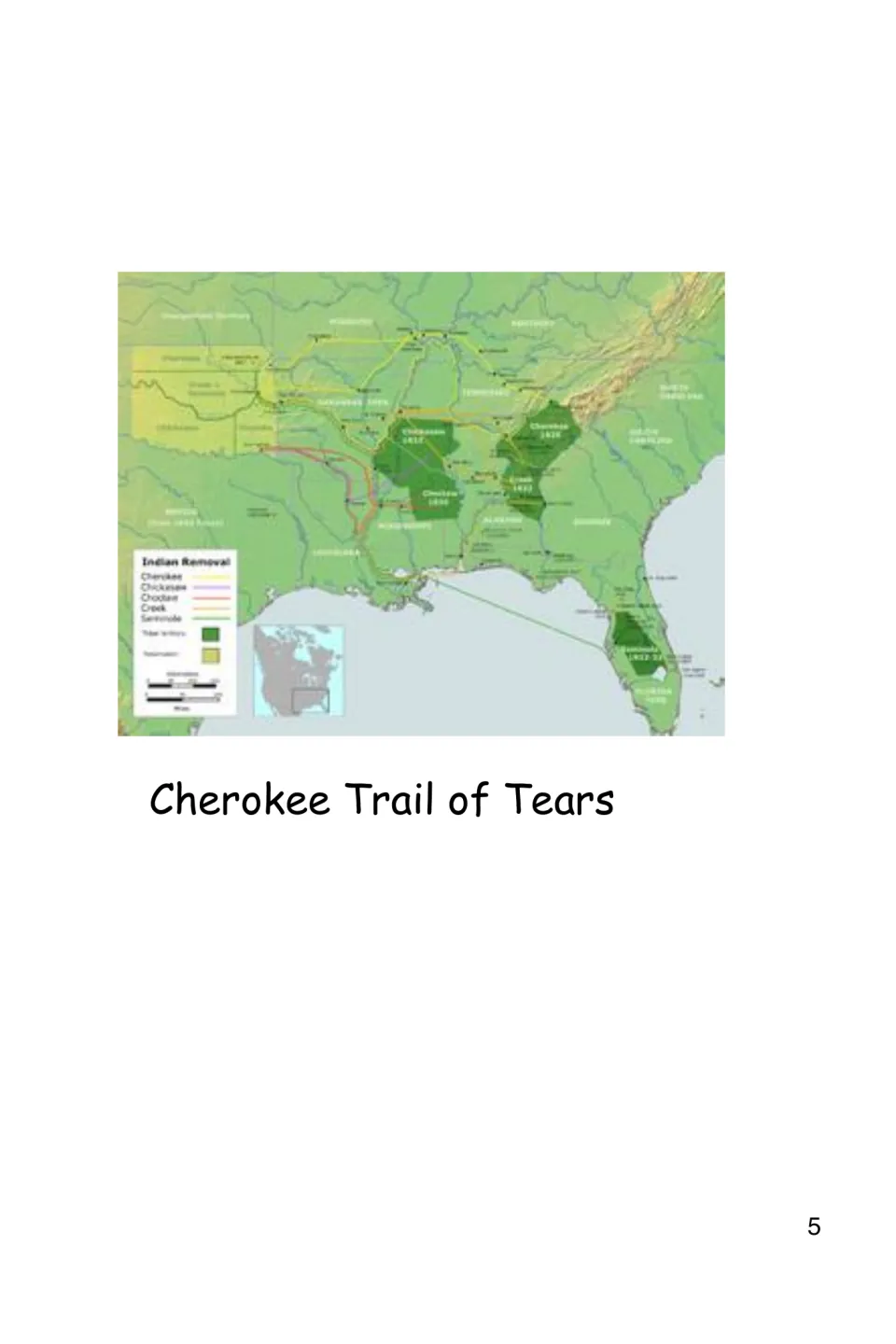 History introduction map labeled Cherokee Trail of Tears shows removal routes across the southeastern United States