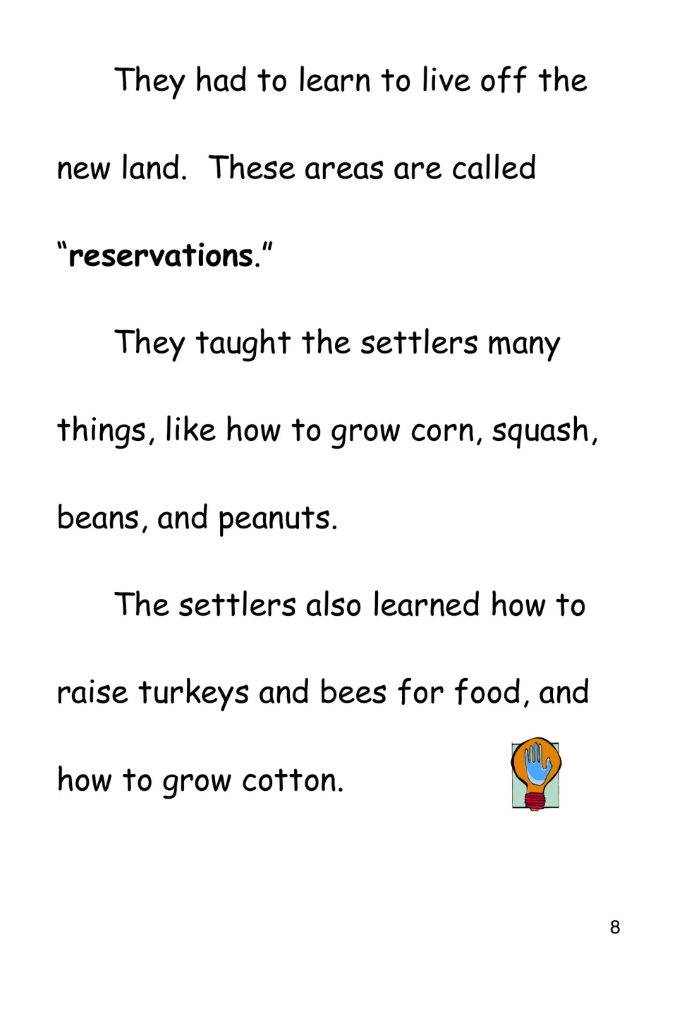 History reading introduces reservations and describes crops and food-raising skills taught to settlers