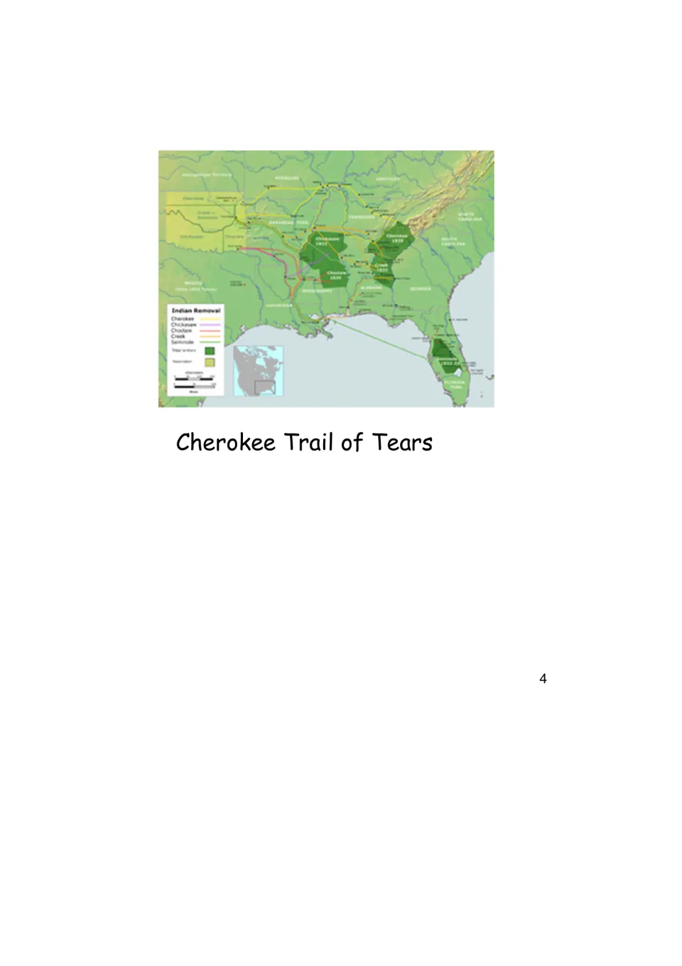 History eBook map page labeled 'Cherokee Trail of Tears,' showing removal routes across the southeastern U.S.