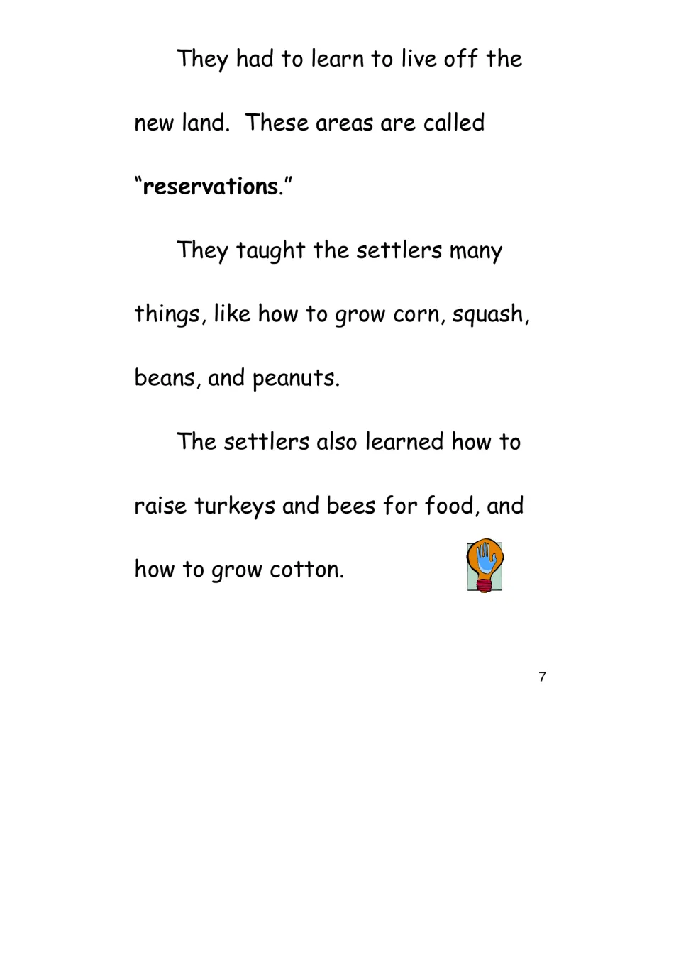 History eBook passage introducing reservations and describing crops and farming skills shared with settlers