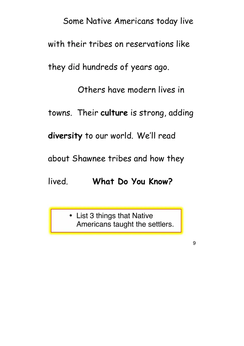 History eBook passage on Native Americans today, asking readers to list three things they taught settlers