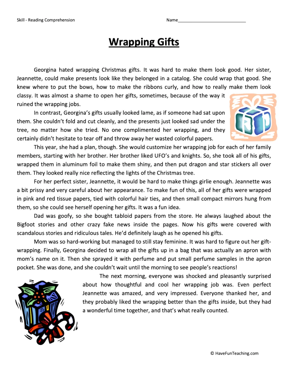 Wrapping Gifts story: students read how Georgina wraps each family member's Christmas gifts in a custom, creative way