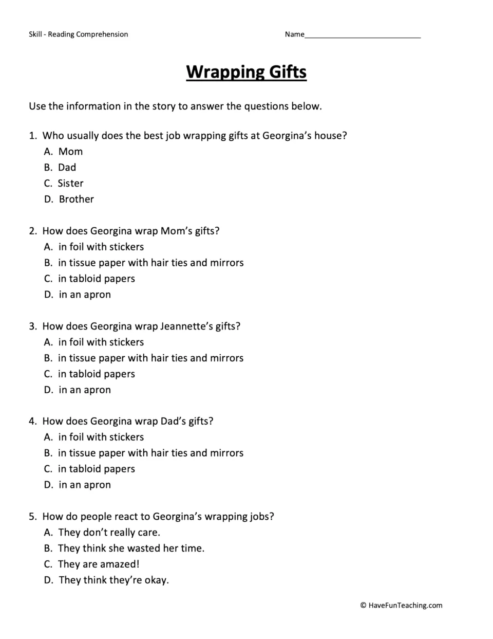 Wrapping Gifts questions: students answer 5 multiple-choice items on who wraps best and how Georgina wraps each gift