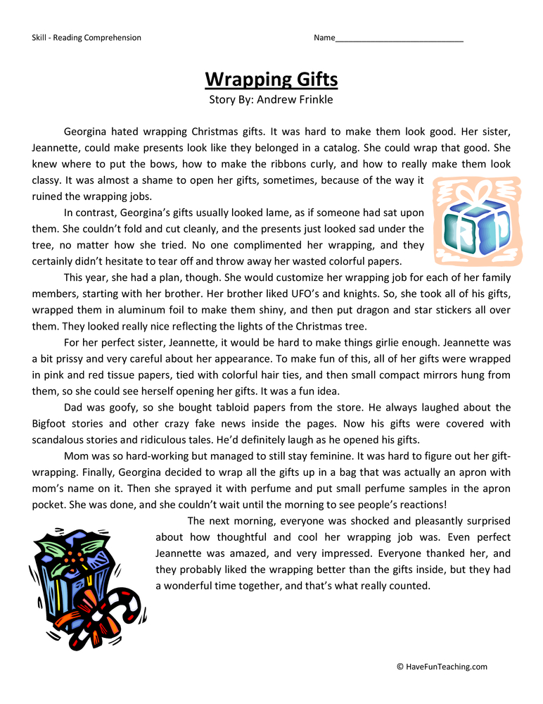 Wrapping Presents Reading Comprehension Worksheet teaching resource preview