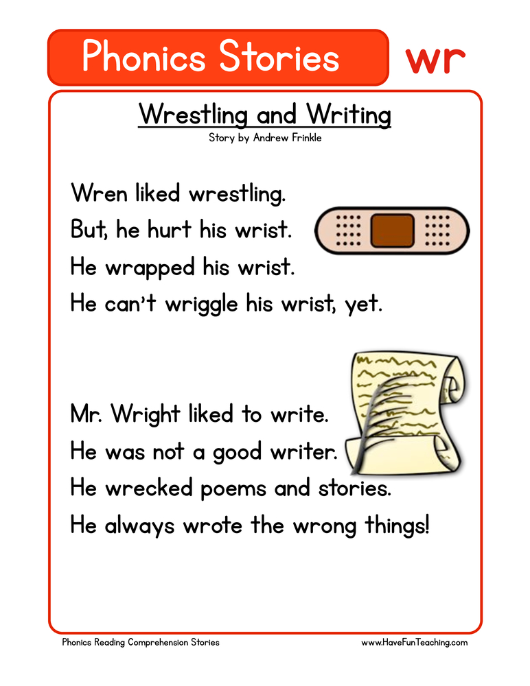Wrestling and Writing WR Phonics Stories Reading Comprehension Worksheet teaching resource preview