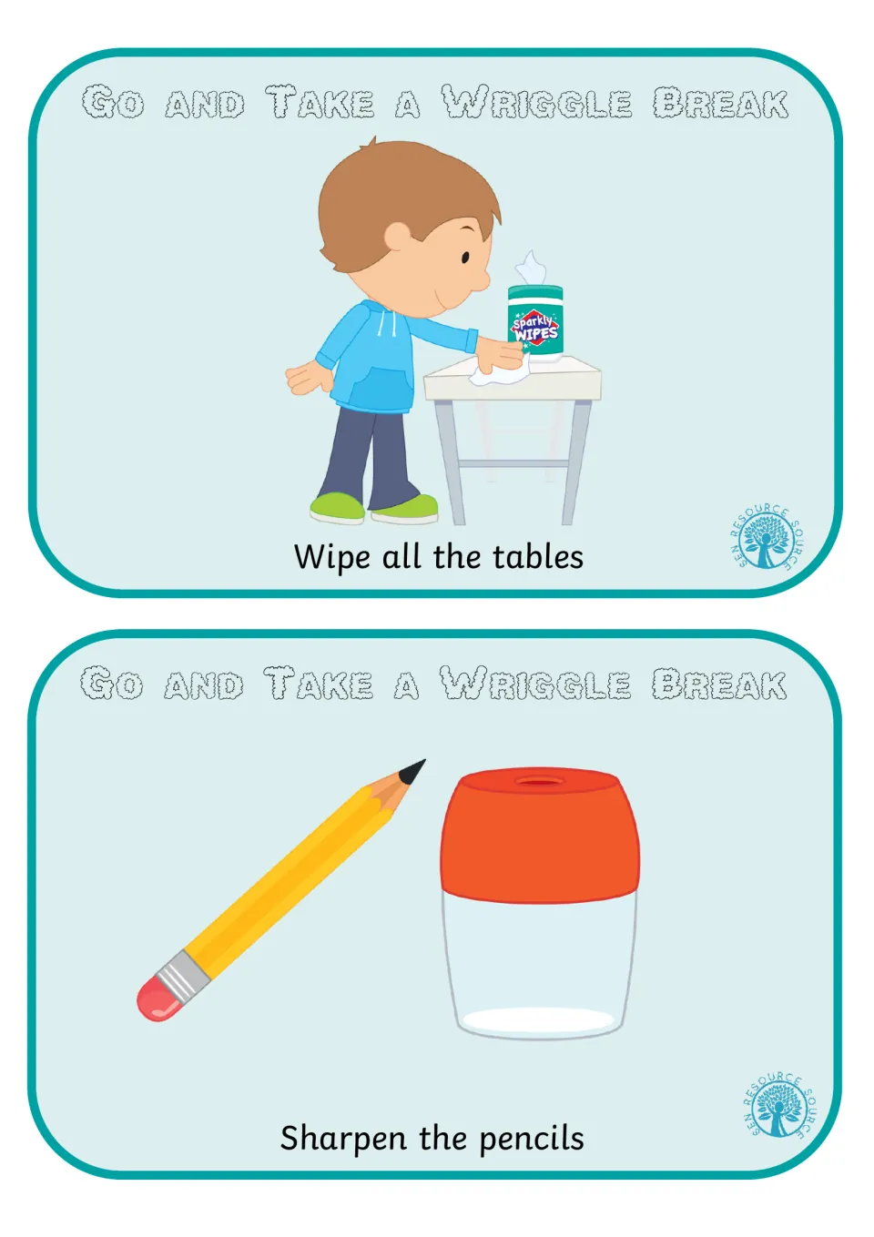 Classroom job break cards: a boy wipes a table with wipes for Wipe all the tables, and a pencil beside a sharpener