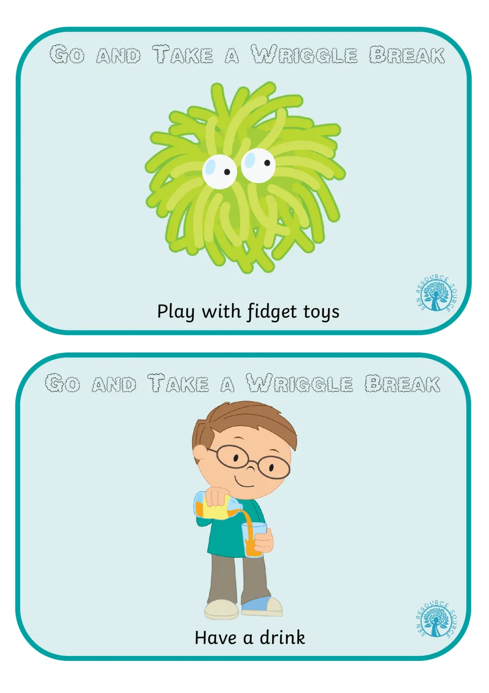 Calming break cards: a green stringy fidget toy for Play with fidget toys, and a boy pouring juice for Have a drink