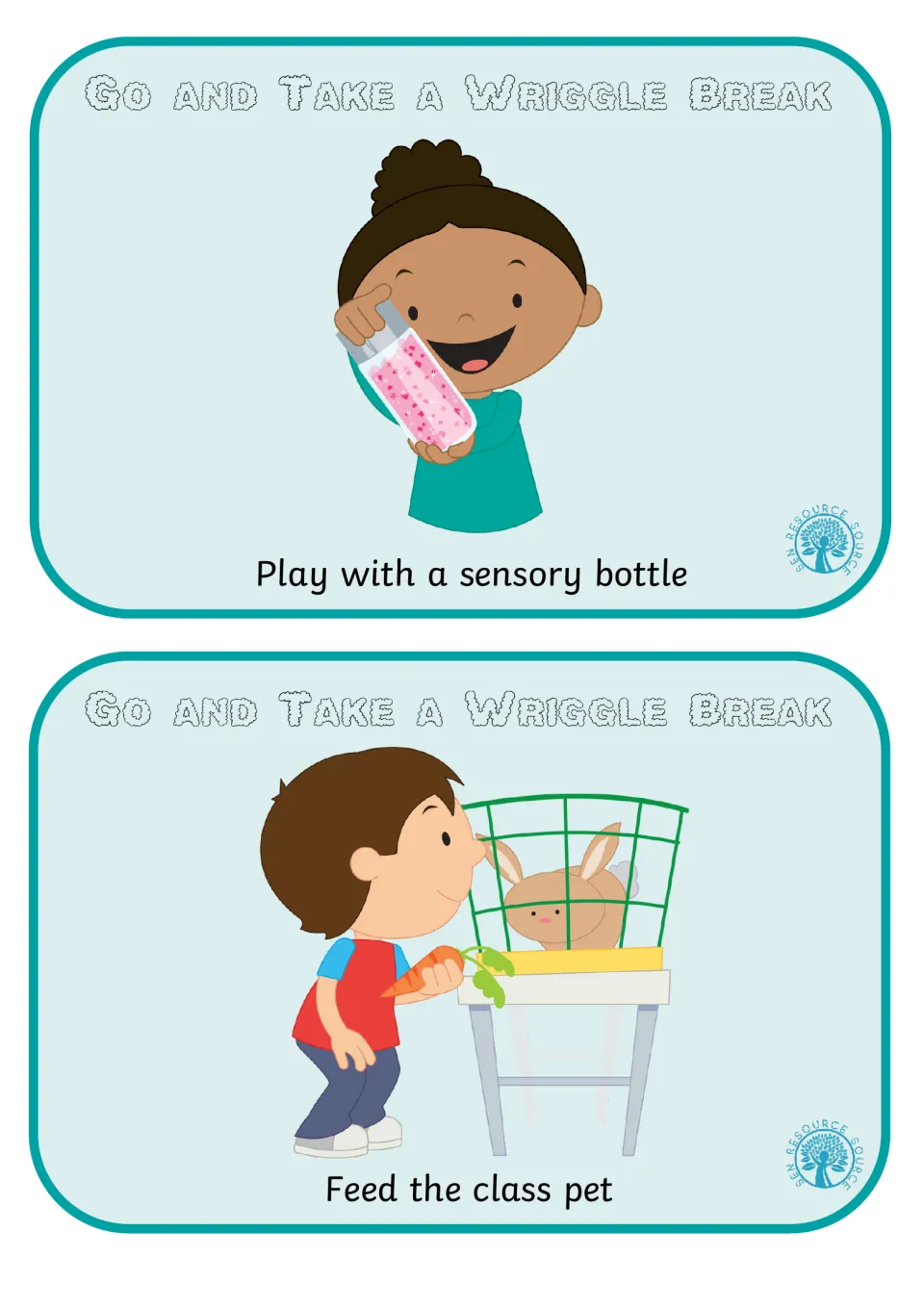 Sensory and pet care break cards: a girl shakes a pink glitter sensory bottle; a boy feeds a carrot to a caged rabbit