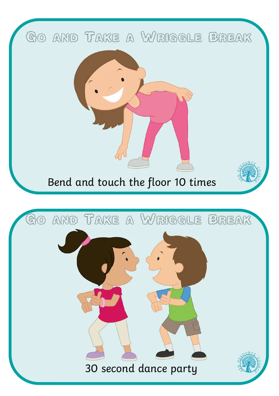 Movement break cards: a girl bends to touch the floor 10 times, and two children dance for a 30 second dance party