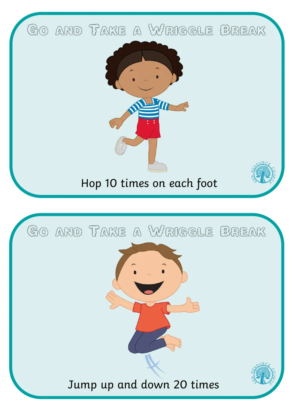 Exercise break cards: a girl hops for Hop 10 times on each foot, and a smiling boy jumps for Jump up and down 20 times