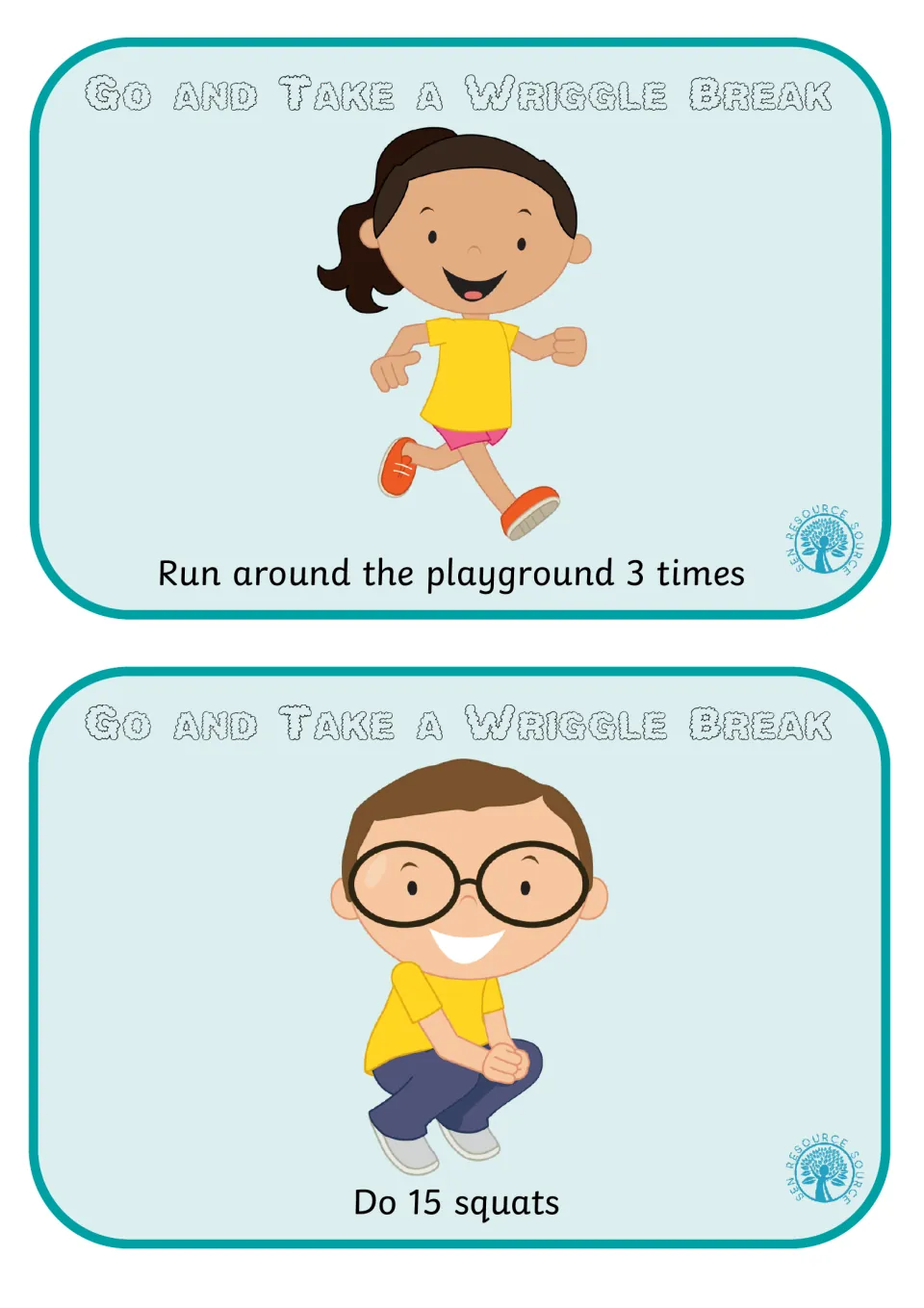 Active break cards: a girl runs for Run around the playground 3 times, and a boy in glasses crouches for Do 15 squats