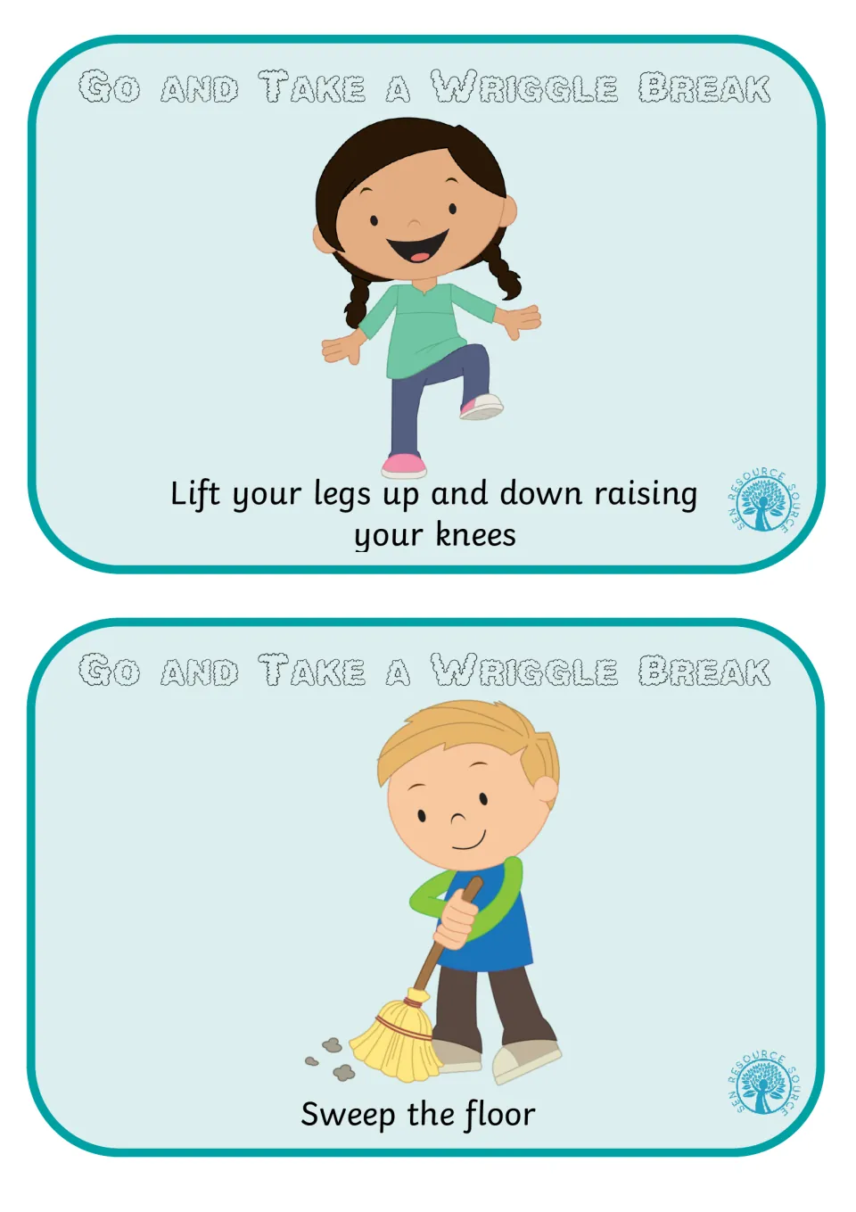 Knee-lift and chore cards: a girl lifts her knees up and down, and a boy sweeps the floor with a broom