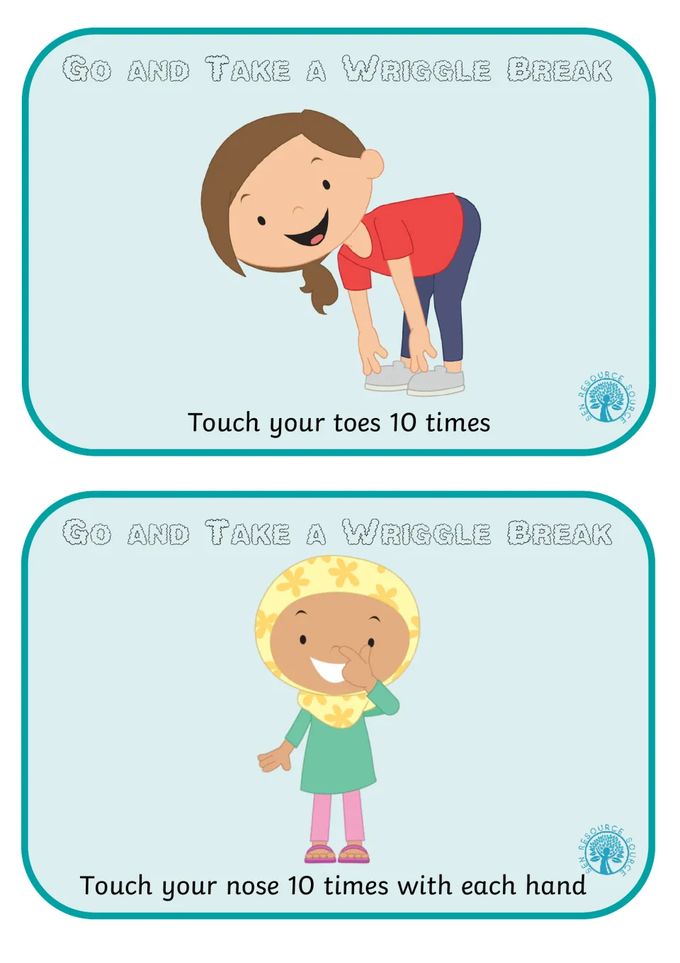 Stretch break cards: a girl bends for Touch your toes 10 times, and a girl in a hijab touches her nose 10 times per hand