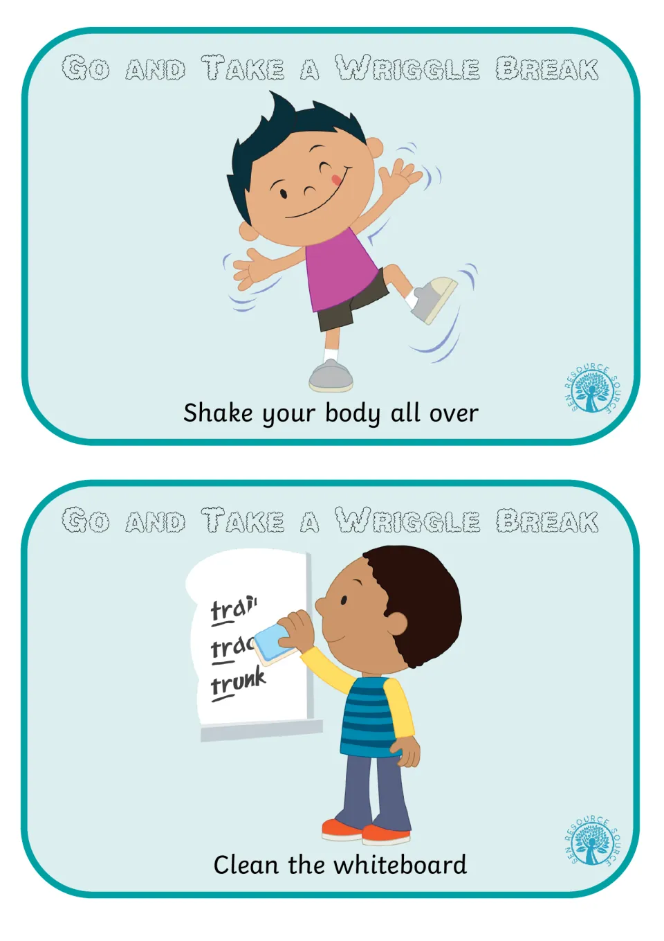 Shake and clean cards: a boy wiggles for Shake your body all over, and a boy erases words to Clean the whiteboard