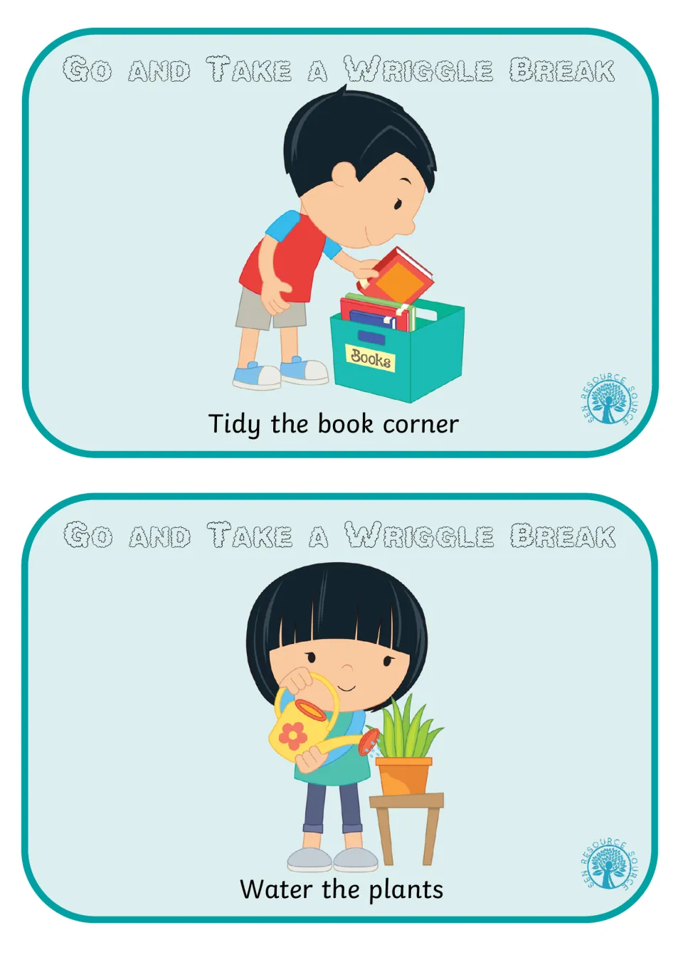 Classroom helper cards: a boy puts books in a Books bin to Tidy the book corner, and a girl waters a potted plant