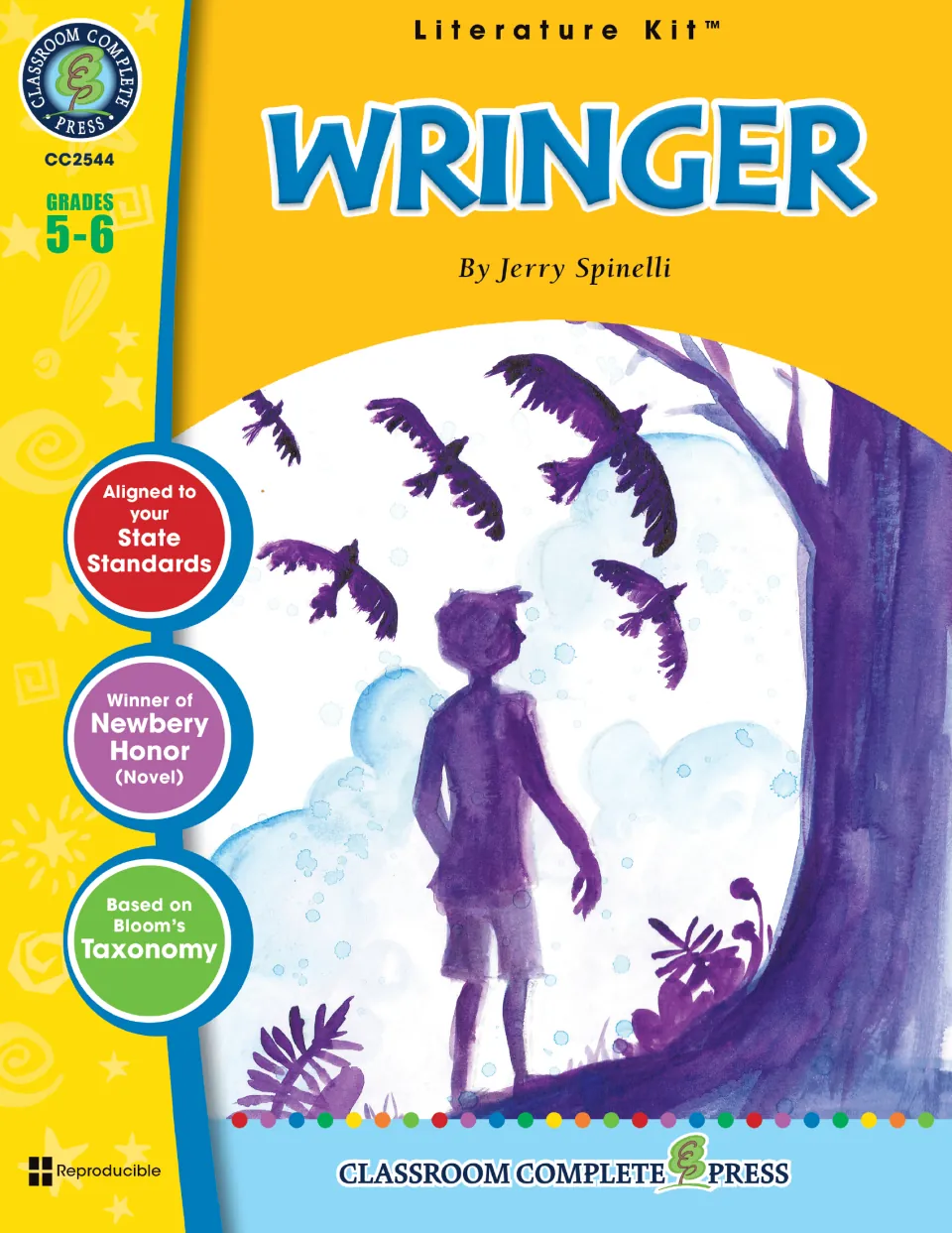 Literature kit cover identifying Wringer by Jerry Spinelli, grades 5–6, and Classroom Complete Press