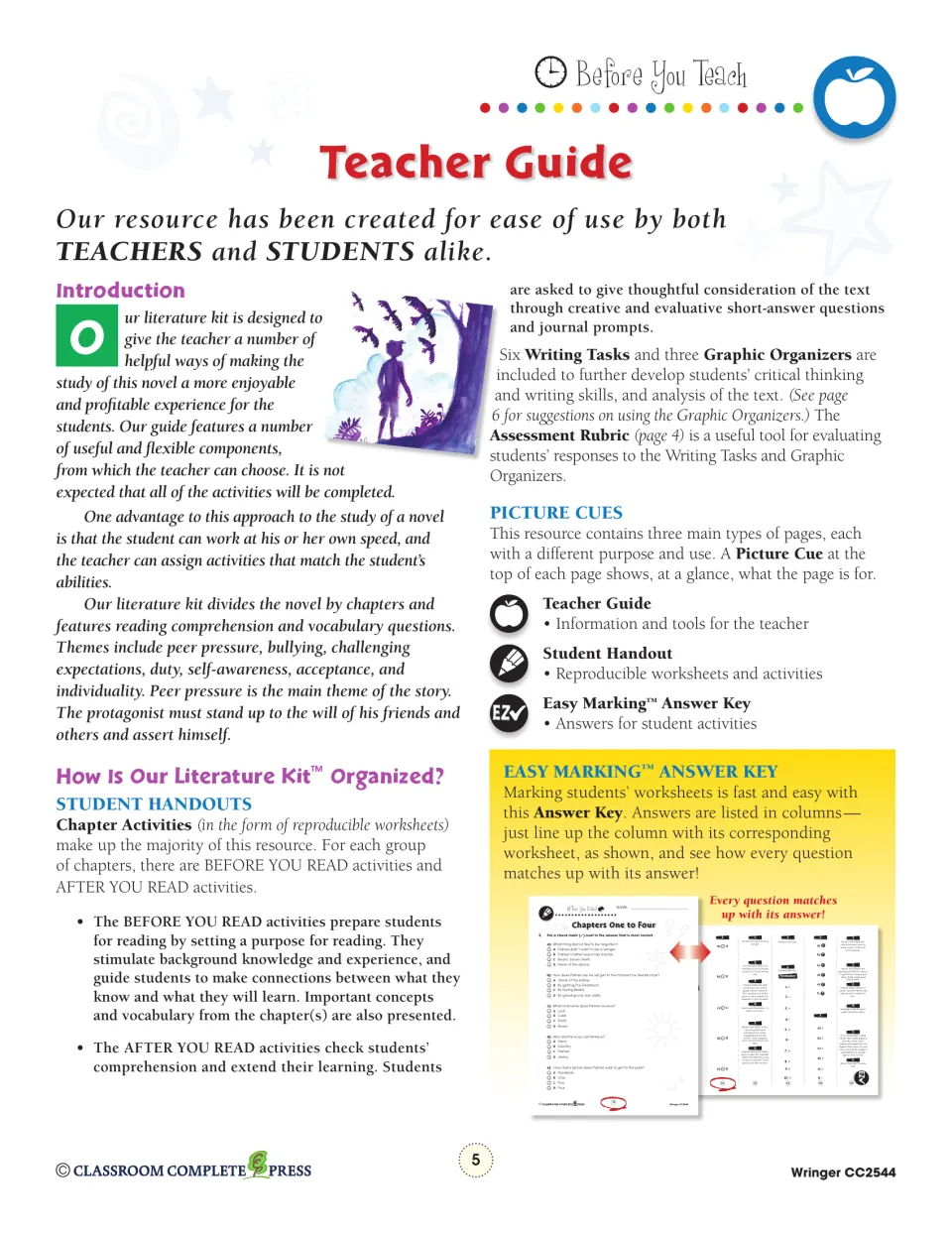 Teacher guide explains before- and after-reading activities, six writing tasks, and three graphic organizers