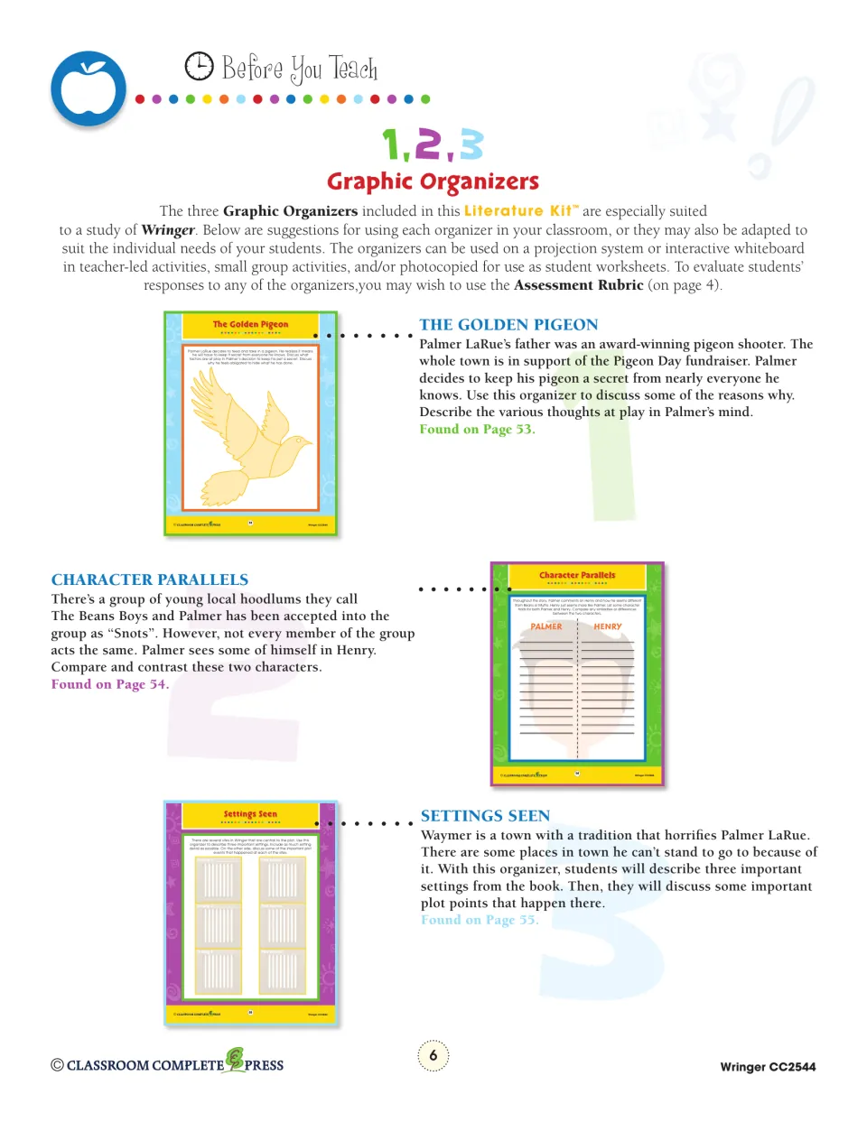 Graphic organizer guide explains The Golden Pigeon, Character Parallels, and Settings Seen activities