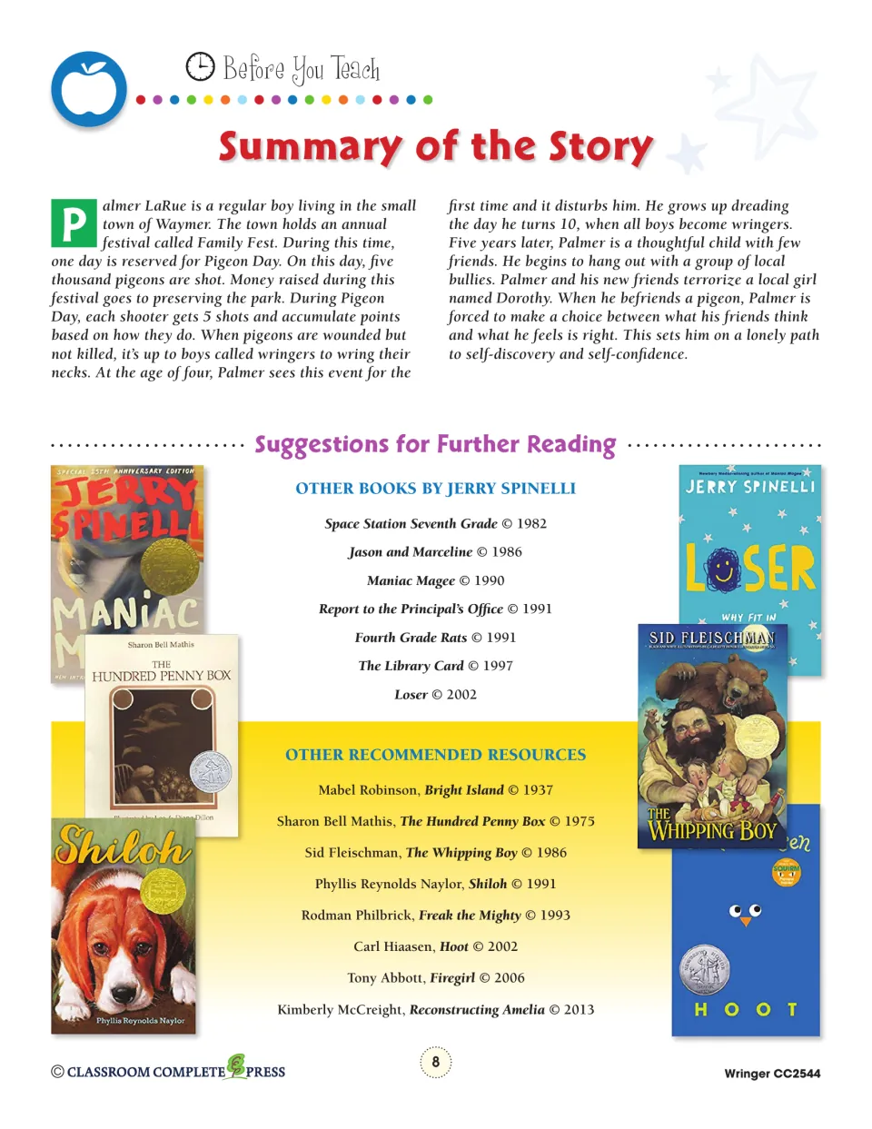 Story summary follows Palmer’s fear of Pigeon Day and friendship with a pigeon; further reading is listed