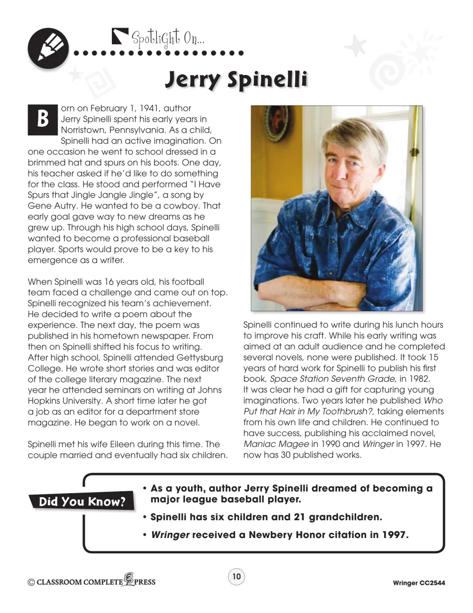 Author spotlight traces Jerry Spinelli’s childhood, sports interests, early writing, and publishing career