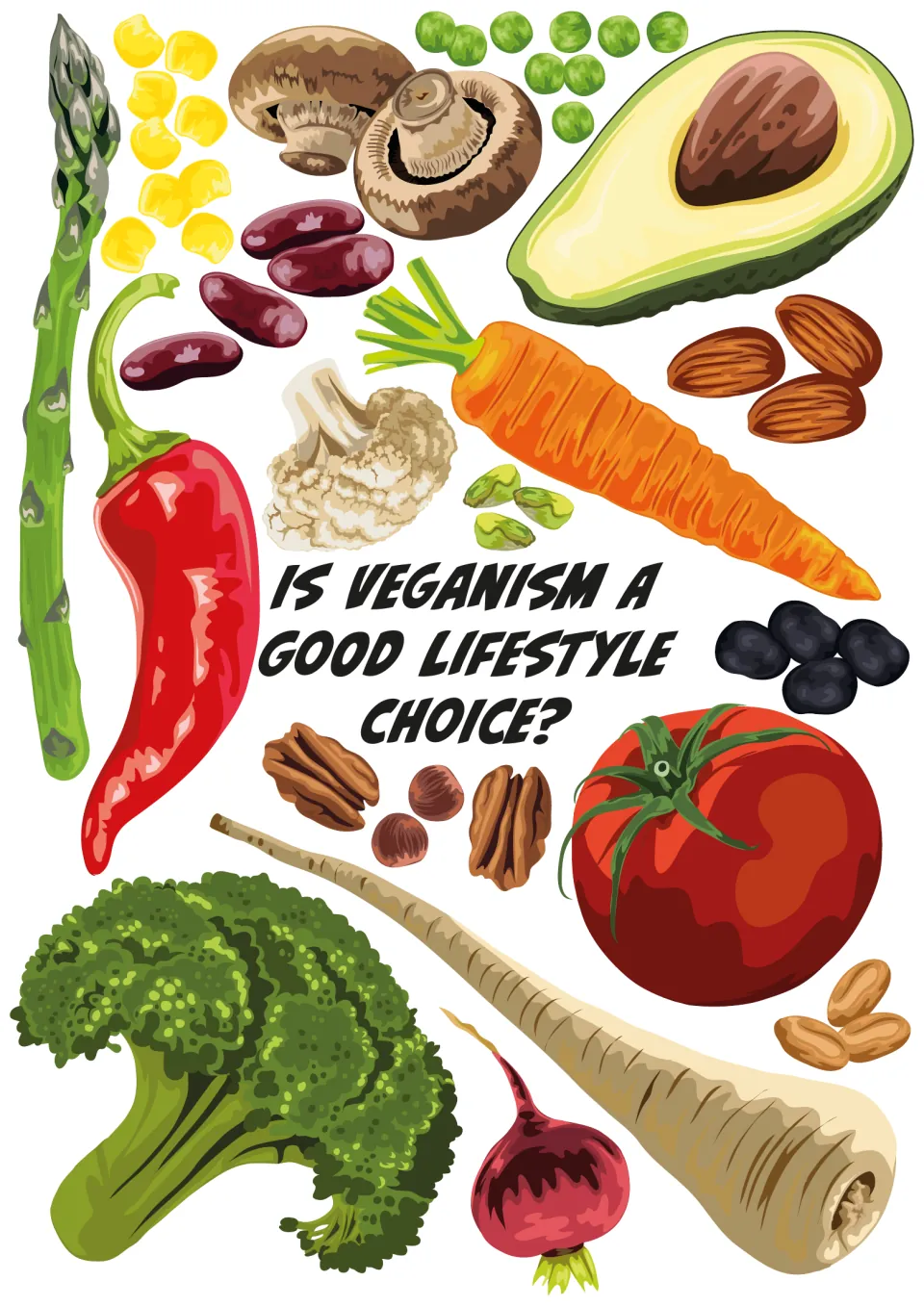 Cover asking "Is veganism a good lifestyle choice?" surrounded by drawings of vegetables, beans, nuts and an avocado