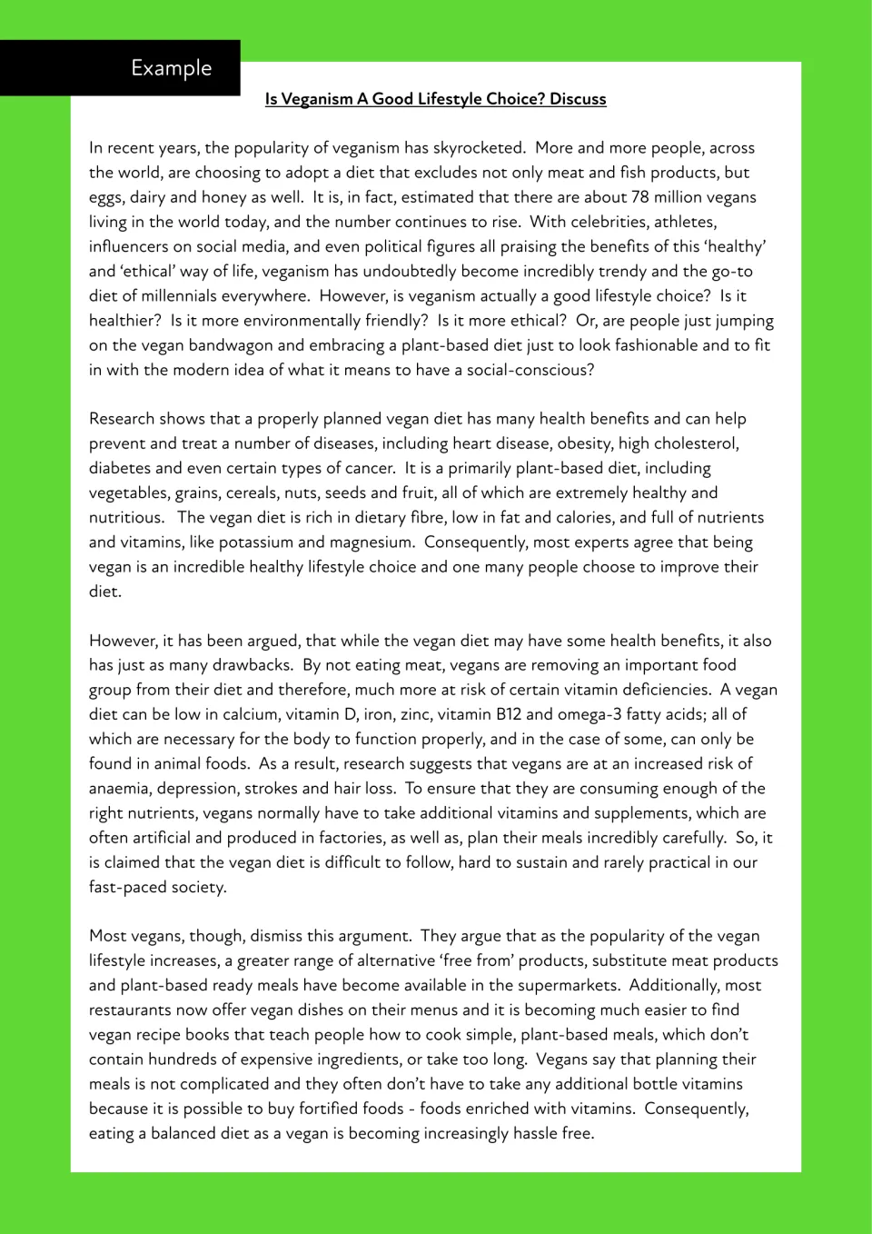 Example discursive essay opening: intro on rising vegan numbers, then paragraphs weighing health pros and cons