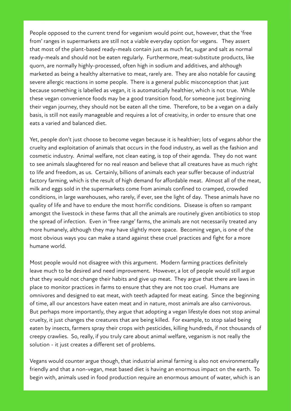 Example essay continued: paragraphs alternating views on vegan ready meals, factory farming and humans as omnivores