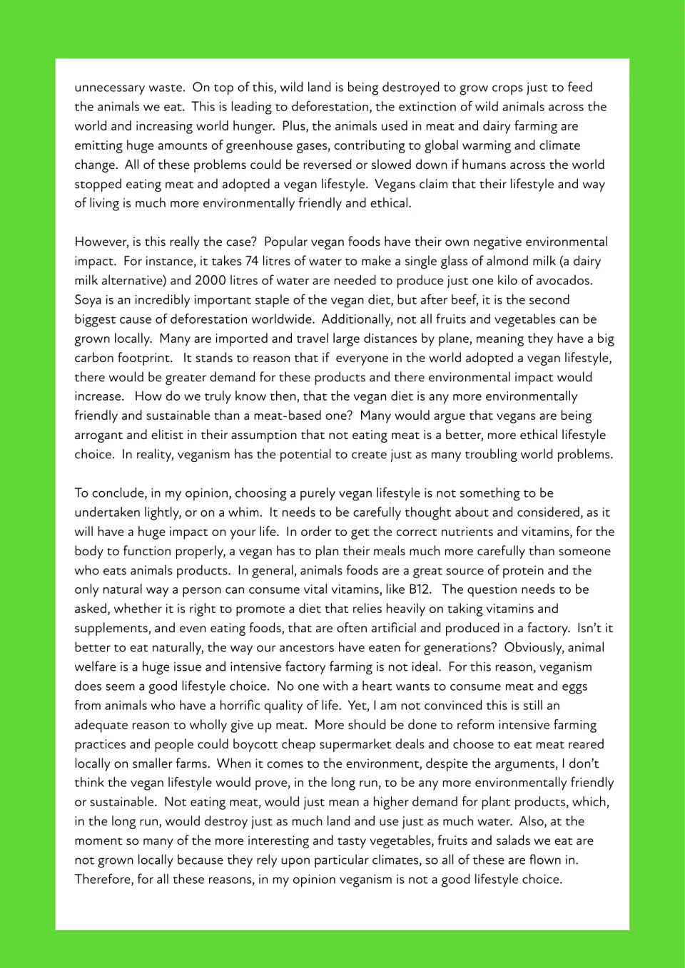 Example essay ending: environmental arguments on water use and soya, then a conclusion that rejects veganism