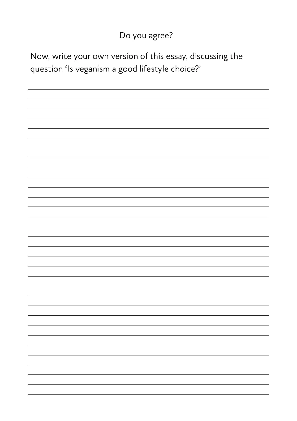 Do you agree? Students write their own discursive essay on whether veganism is a good lifestyle choice, using the model