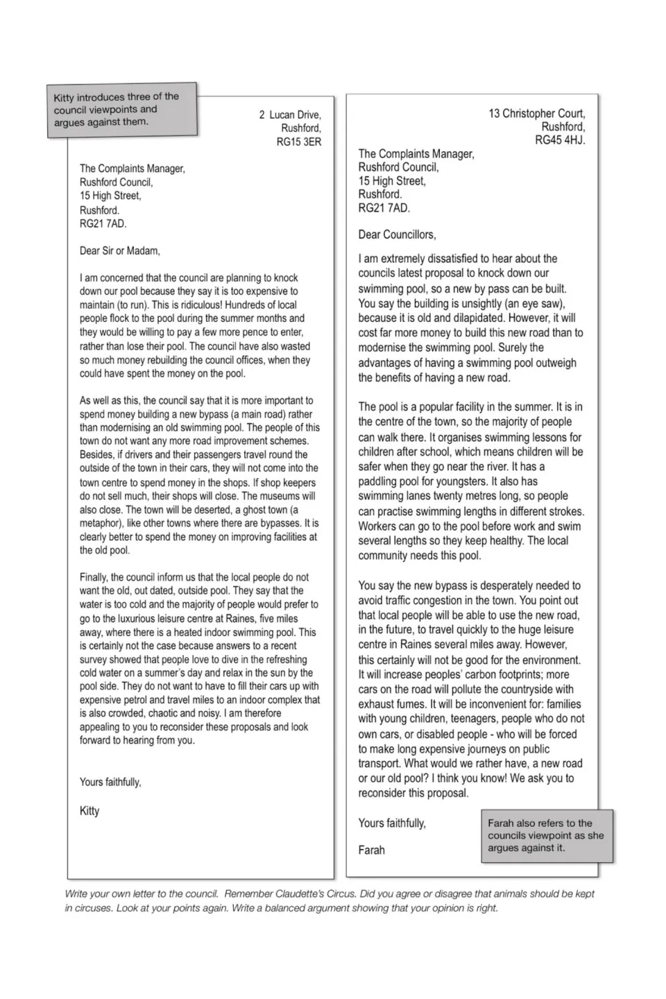 Kitty's and Farah's model letters defending the pool, then a prompt to write a balanced letter on animals in circuses