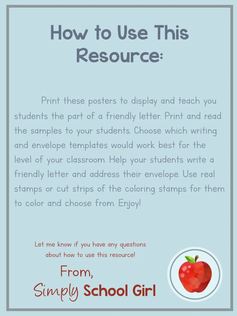 Teacher directions for displaying posters, reading sample letters, and choosing letter and envelope templates