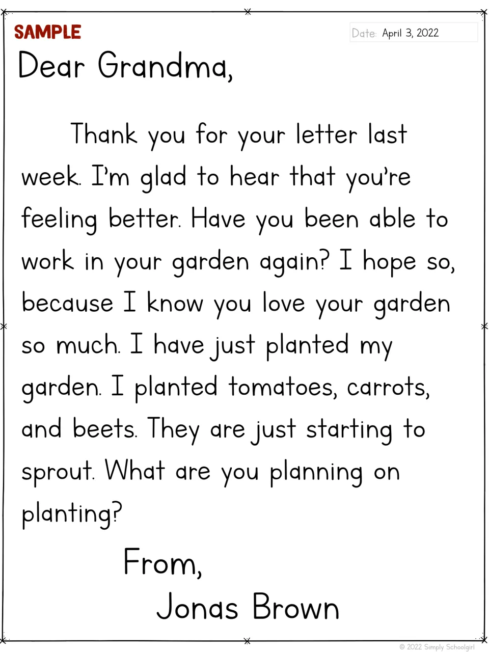 Model letter from Jonas Brown to Grandma asks about her health and garden and shares news of his vegetables