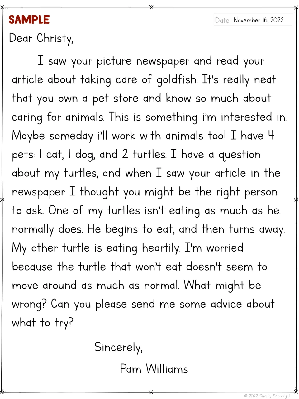 Model letter from Pam Williams to pet store owner Christy asks for advice about a turtle that is eating less
