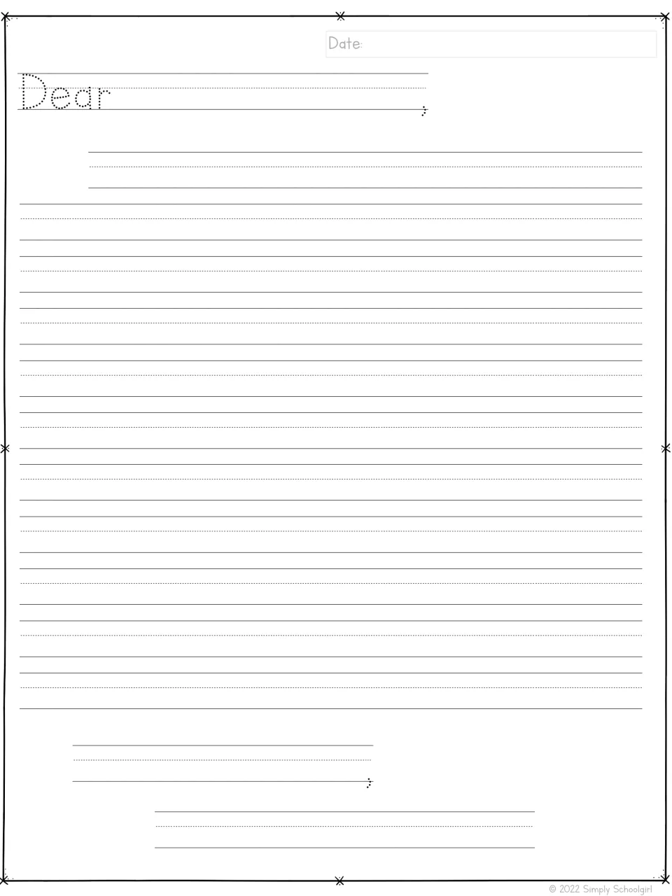 Friendly letter writing template provides a traceable 'Dear' and space for a date, message, closing, and name