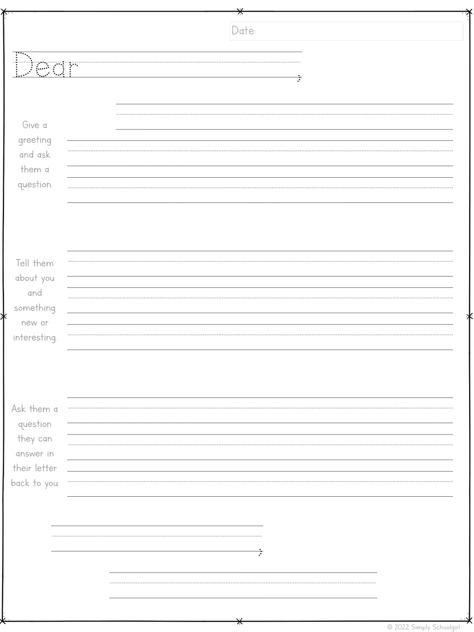 Guided friendly letter template prompts writers to greet the reader, share personal news, and ask a question