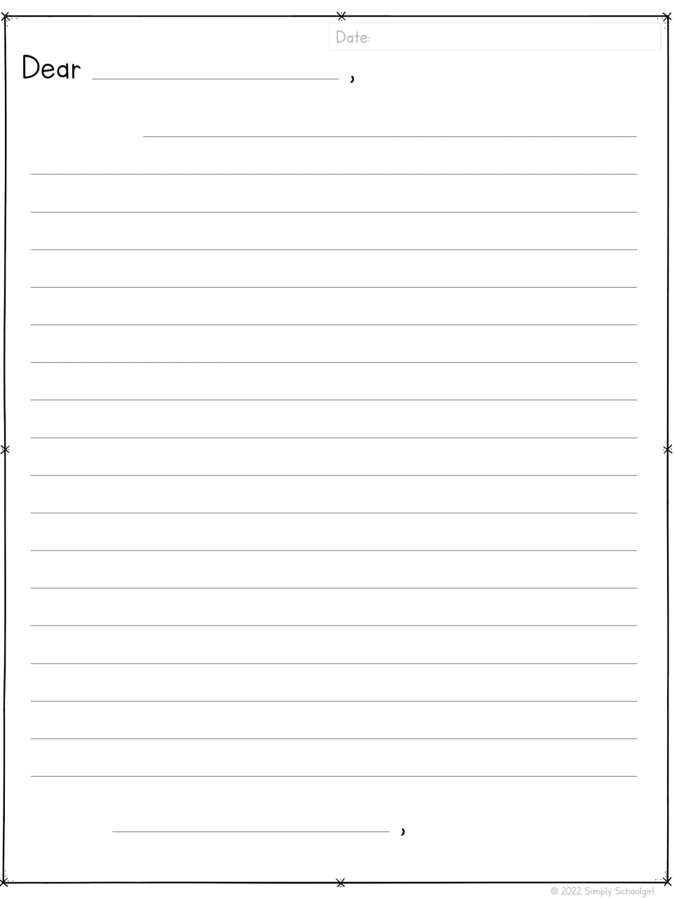 Friendly letter writing template starts with 'Dear' and includes a date prompt and space for a longer message