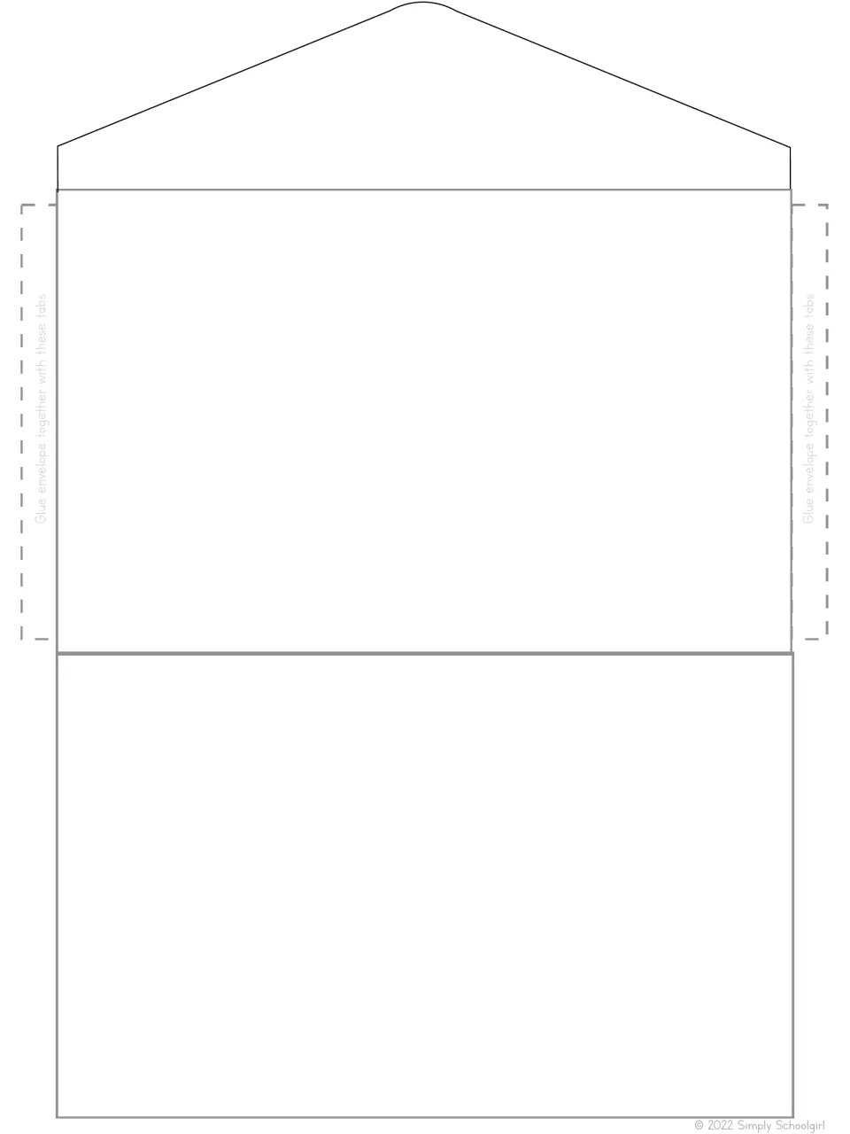 Printable envelope template for the letter writing packet includes a flap and tabs labeled for gluing together