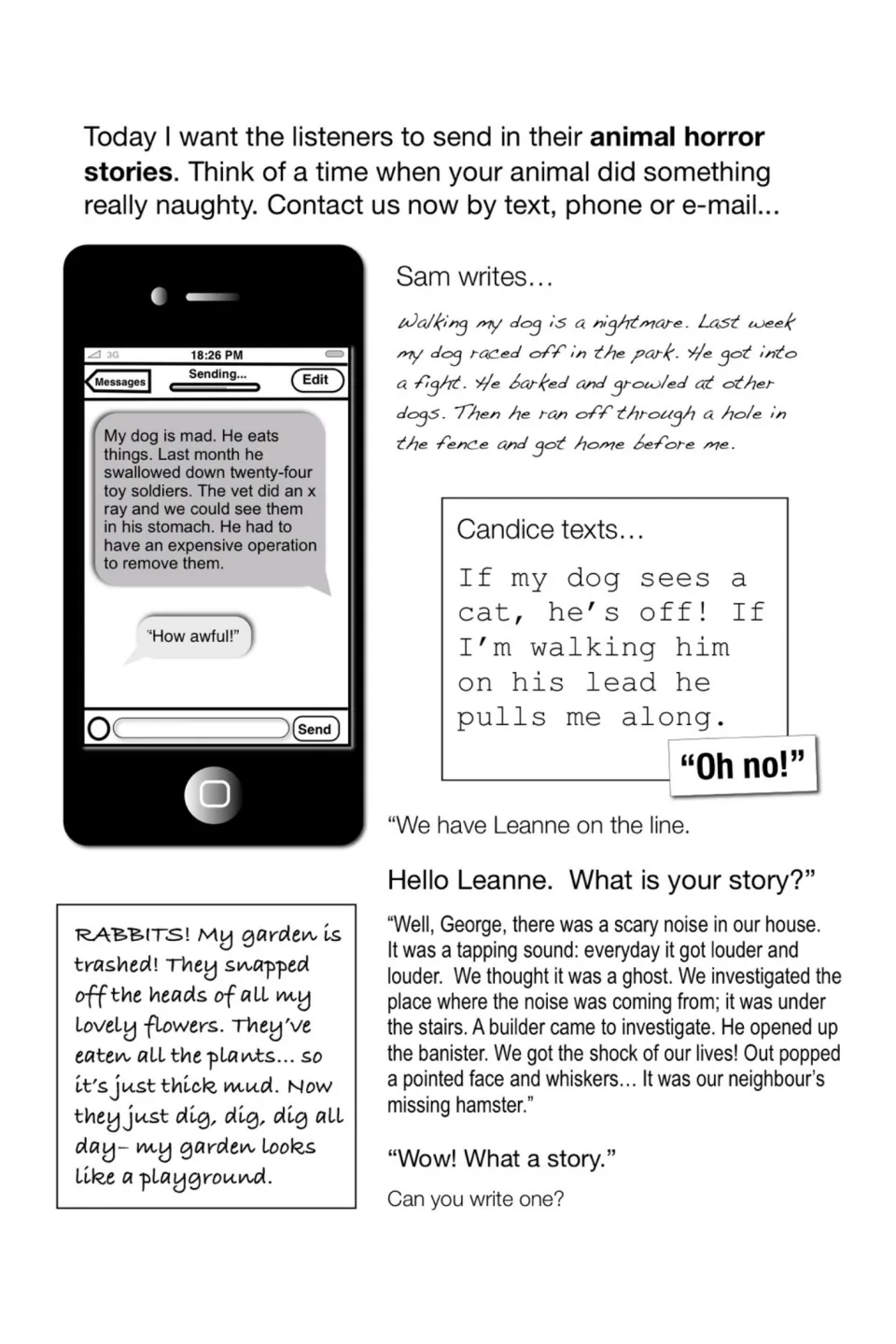 Animal horror stories from listeners: texts and notes about a dog that swallowed toy soldiers, rabbits and a lost hamster