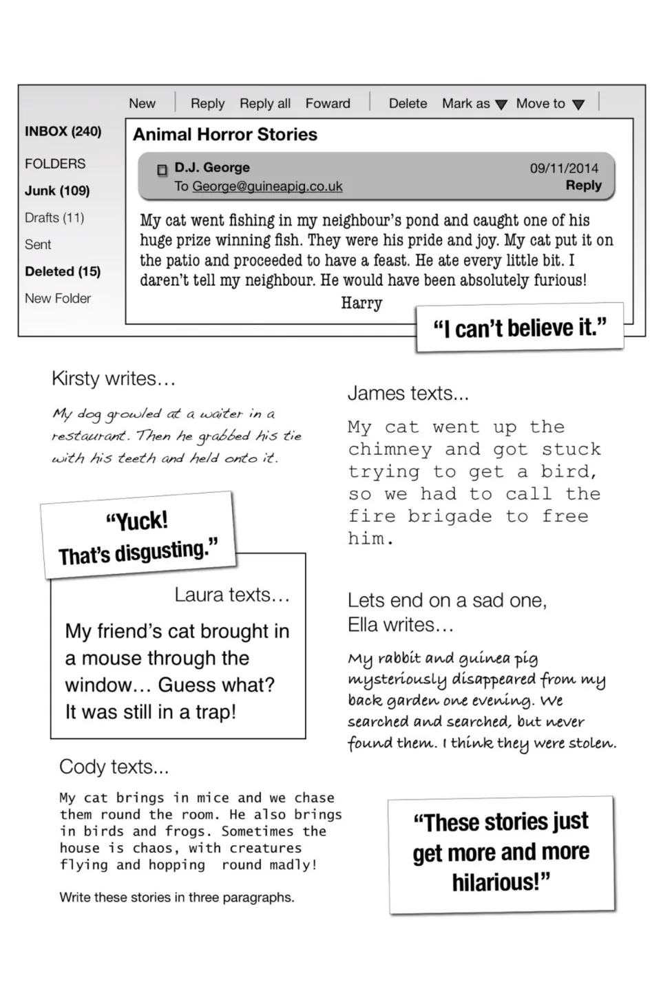 More listener tales by email and text about cats, dogs and a rabbit; students rewrite them in three paragraphs