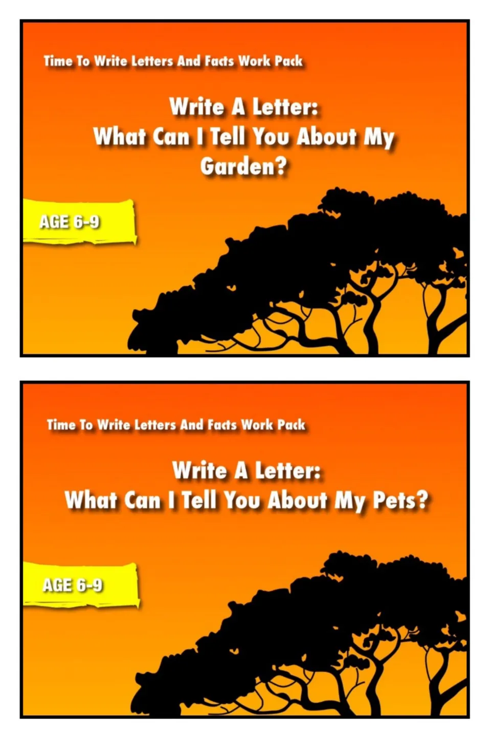 Letter-writing pack covers, ages 6-9: What Can I Tell You About My Garden? and What Can I Tell You About My Pets?