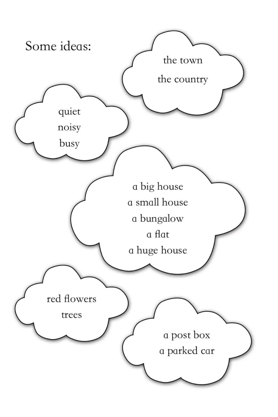 Word ideas for describing a home: town or country, quiet, noisy, busy, big house, bungalow, flat, red flowers, post box