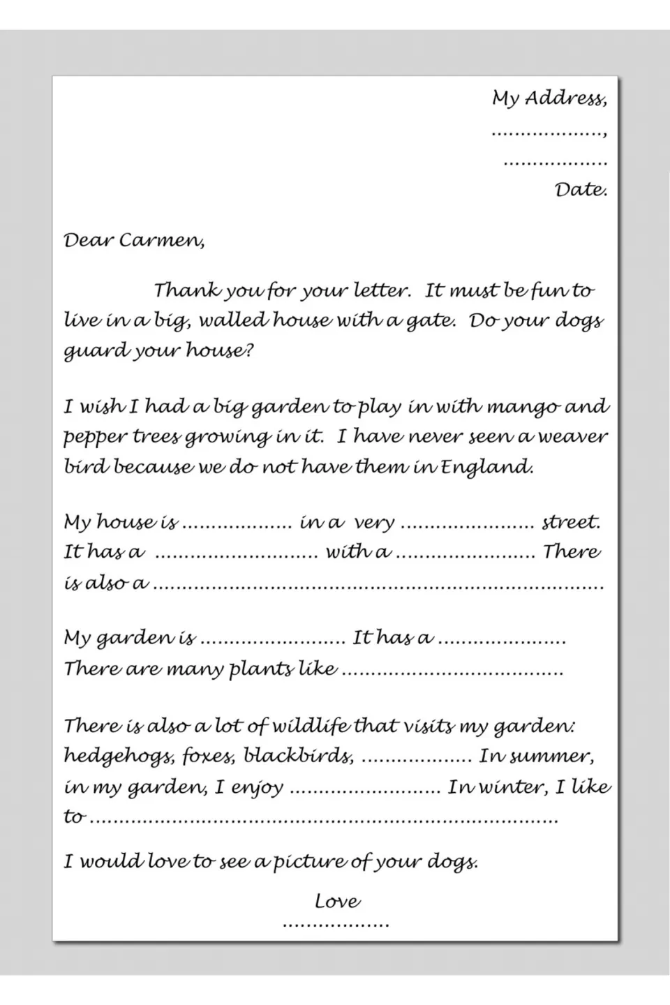 Reply letter frame to Carmen: students fill gaps to describe their house, garden, plants, wildlife and seasonal activities