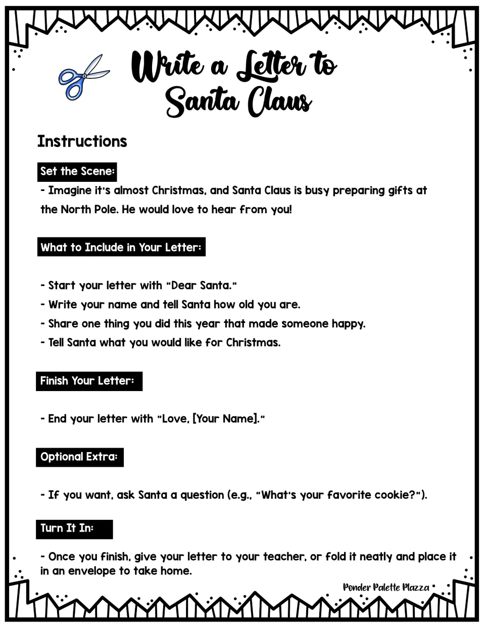 Letter-writing instructions: greet Santa, share your name, age, a kind act, and Christmas wishes, then sign.